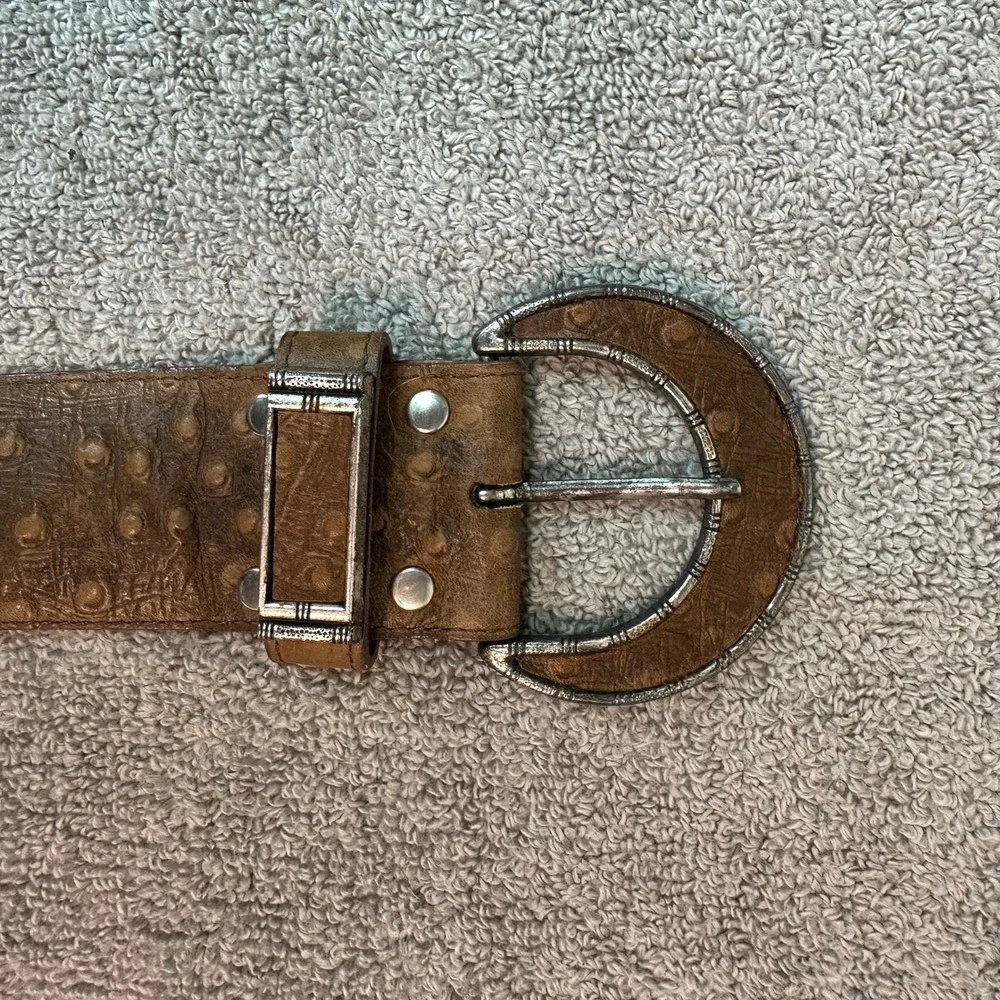 Western Brown Ostrich Embossed Leather Wide Belt Ornate Silver Crescent Buckle